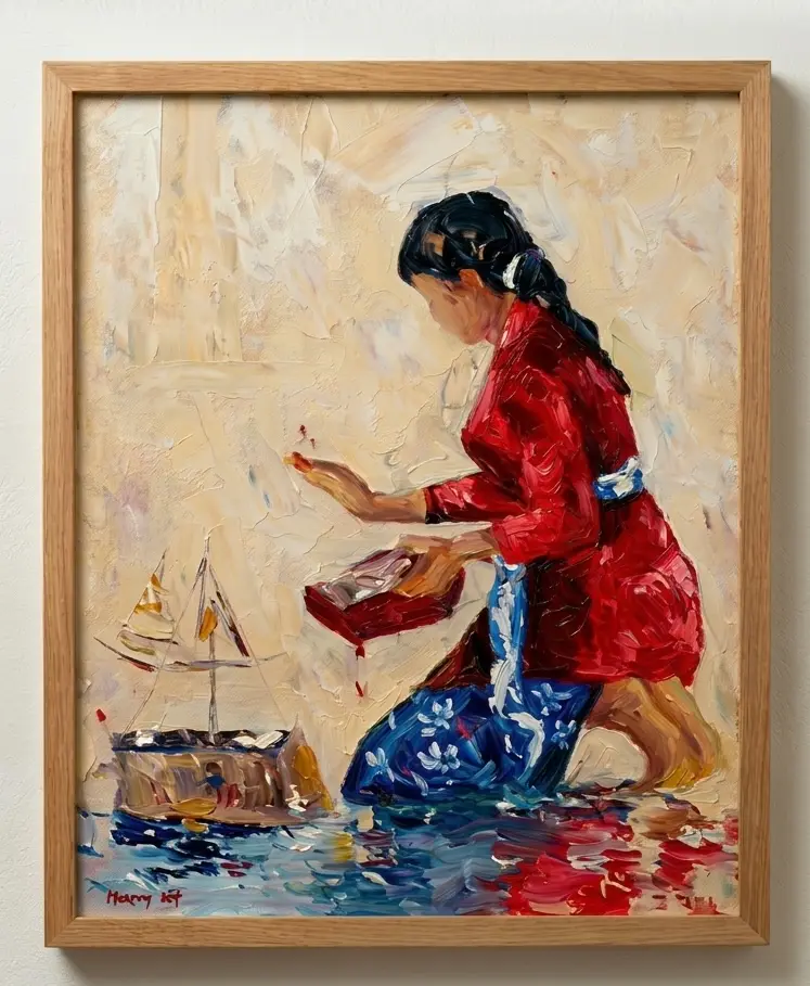 Legong Dancer Palette Knife Painting by Upeksa — Impasto Oil on Canvas, Arts of Bali Vertical palette knife painting of a kneeling Balinese Legong dancer in red costume and blue sash by Upeksa at Arts of Bali Seminyak