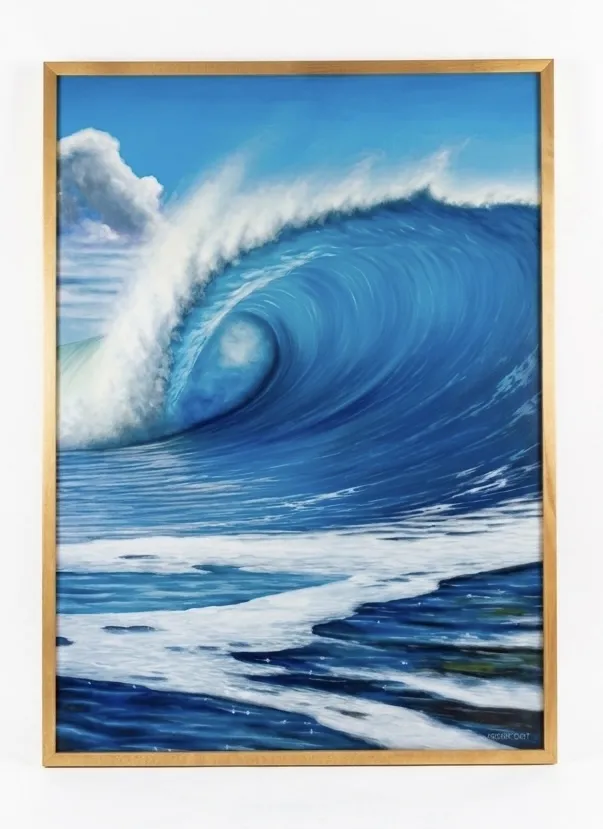 Ocean painting Bali showing a hyperrealist breaking wave with a perfect barrel curl, rendered in deep blues and white foam in oil on canvas, mounted in a gold frame — original artwork at Arts of Bali gallery Seminyak