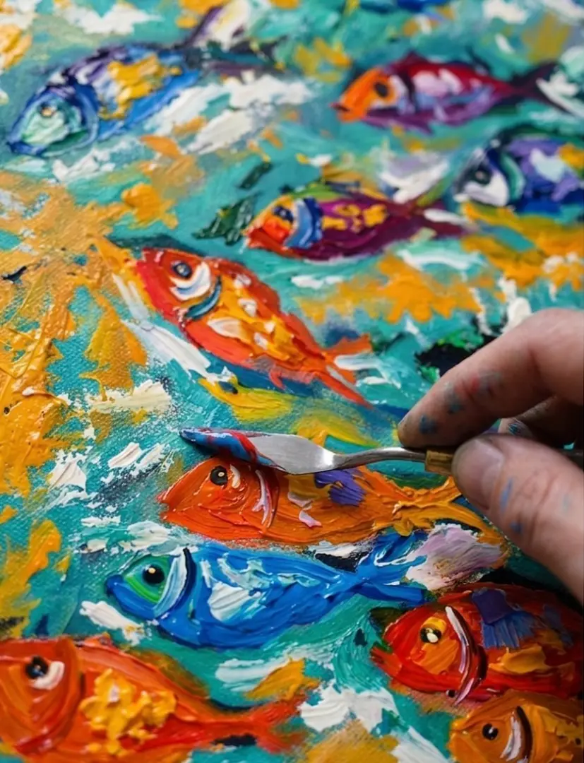 Palette Knife Technique Close-Up — Impasto Surface by Upeksa, Arts of Bali Close-up of palette knife impasto painting surface on colorful tropical fish by Upeksa showing thick three dimensional ridges of oil paint