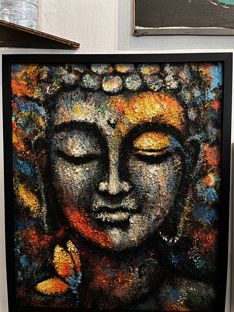 Textured Painting Bali — Colorful Buddha by Farfan Colorful textured painting Bali of Buddha face with orange yellow blue pigments on dark background