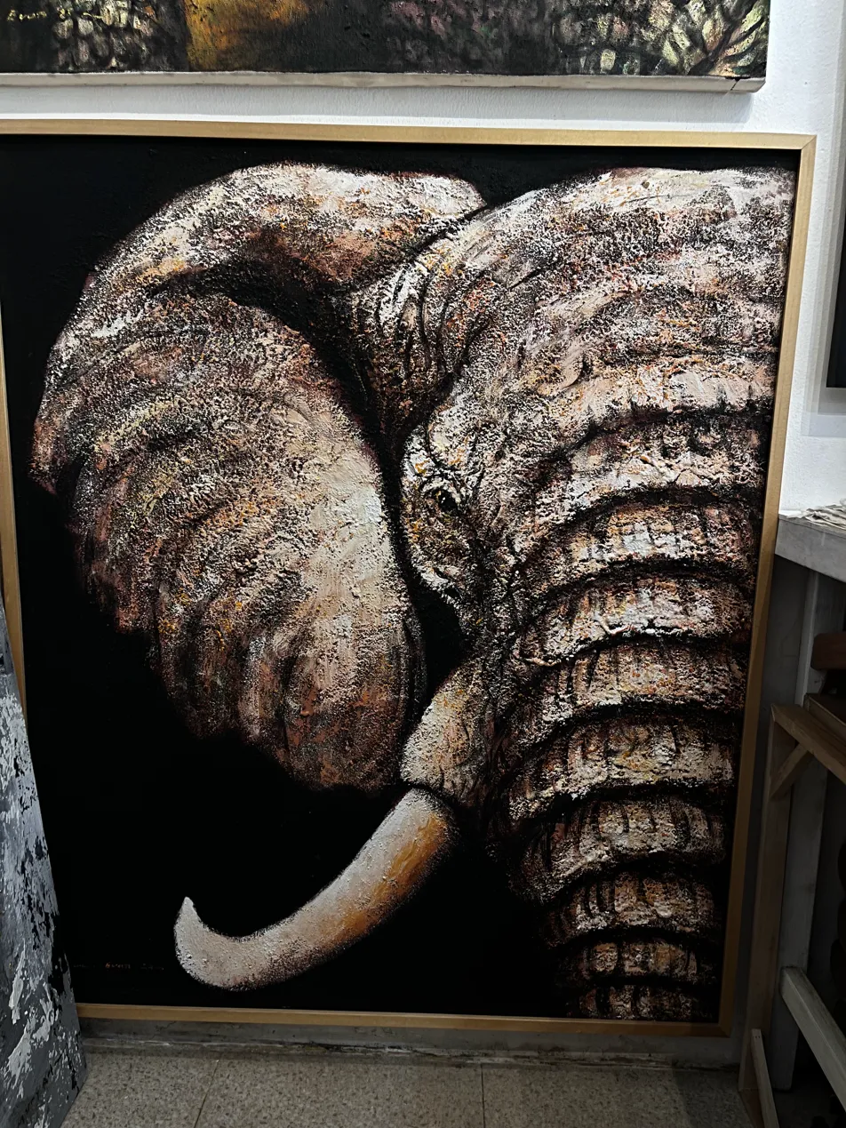 Textured Painting Bali — Elephant Portrait, Arts of Bali Large textured painting Bali of elephant close-up in warm sandy tones on black background