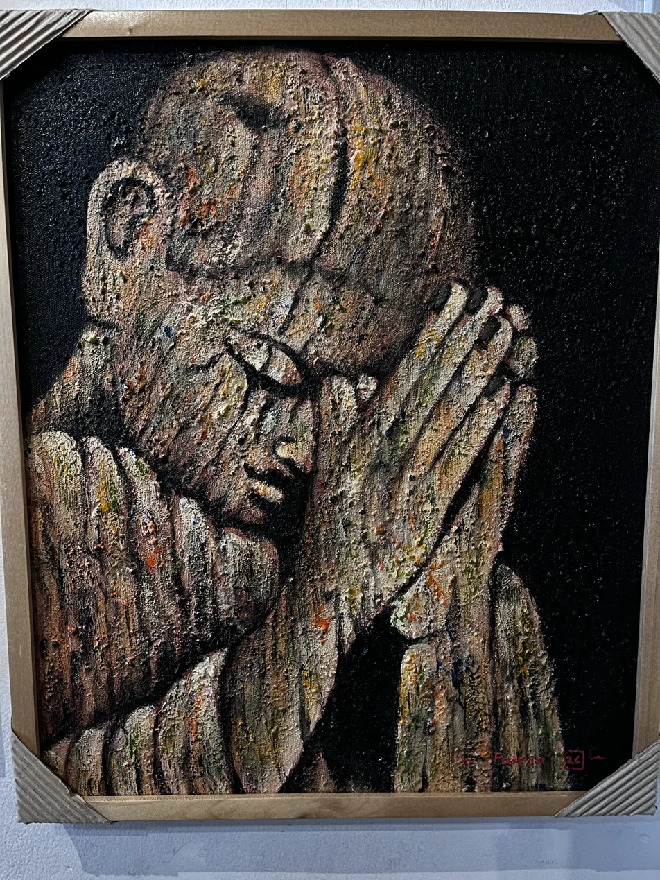 Textured Painting Bali — Praying Figure by Farfan Textured painting Bali of bowing monk or praying figure with hands clasped