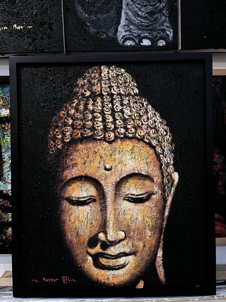 Textured Painting Bali — Golden Buddha by Farfan, Arts of Bali Sand texture painting of golden Buddha face on black background by Farfan, Arts of Bali Seminyak