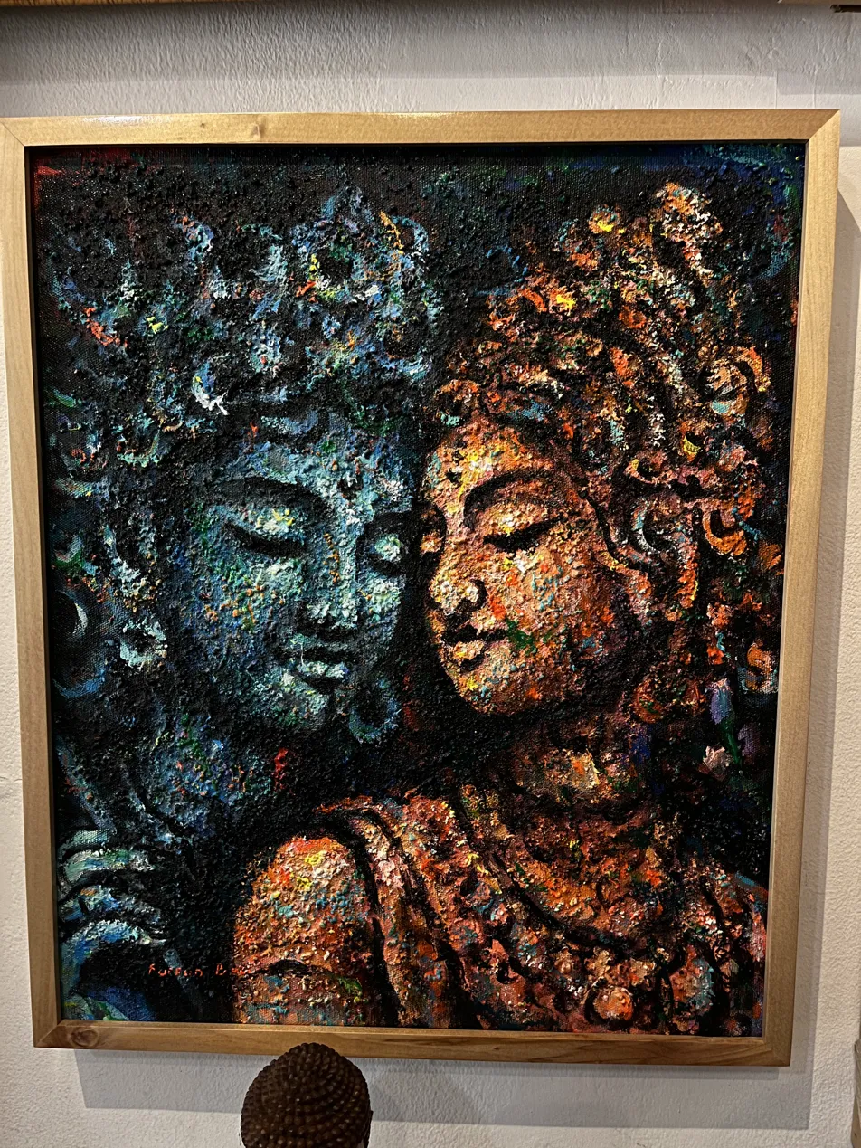 Textured Painting Bali — Two Divine Balinese Faces Textured painting Bali of two divine figures or apsara faces in jewel tones