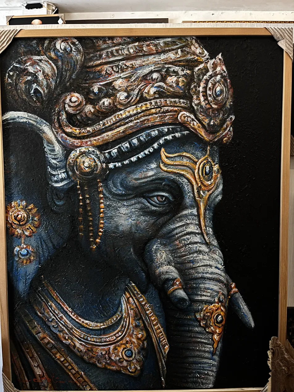 Textured Painting Bali — Ganesha with Gold Crown Textured painting Bali of Ganesha in deep blue with ornate gold crown, sand technique on black canvas