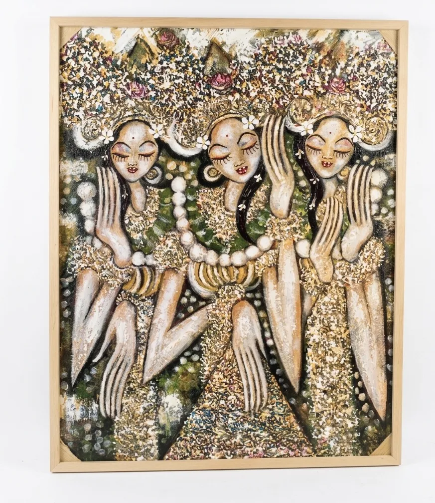 Three Balinese women in prayer, authentic Balinese dancer painting with gold sand texture, Arts of Bali Seminyak
