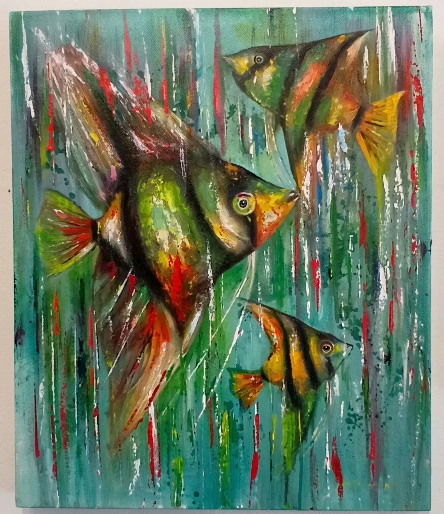 Brush Technique Painting — Tropical Angelfish by Upeksa, Arts of Bali Vertical oil painting of colourful tropical angelfish using brush technique by Upeksa at Arts of Bali Seminyak showing smooth surface application
