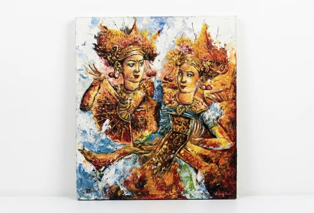Two Balinese dancers palette knife painting, authentic Balinese art for sale, Arts of Bali