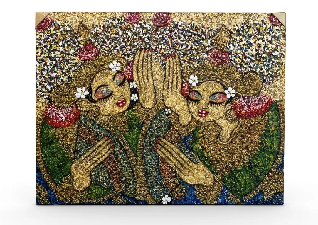 Two Balinese women in gold texture, authentic Balinese artwork, Arts of Bali