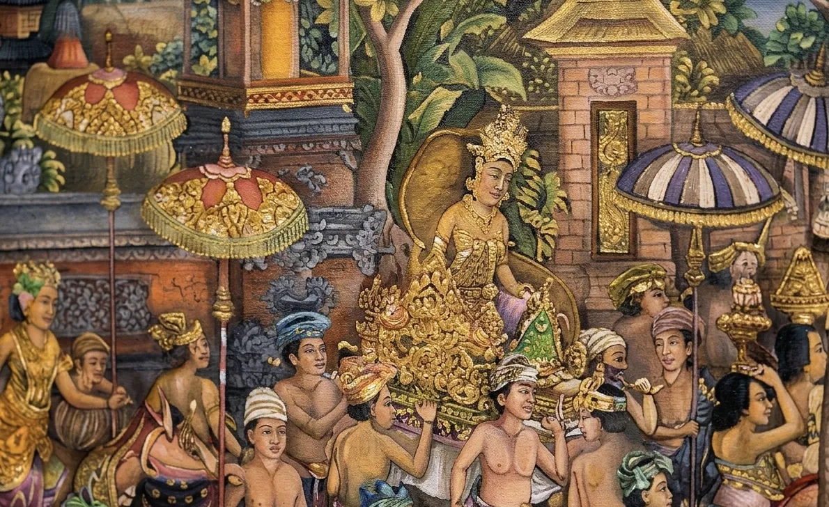 ubud painting bali royal procession detail gold palanquin princess close up original balinese art