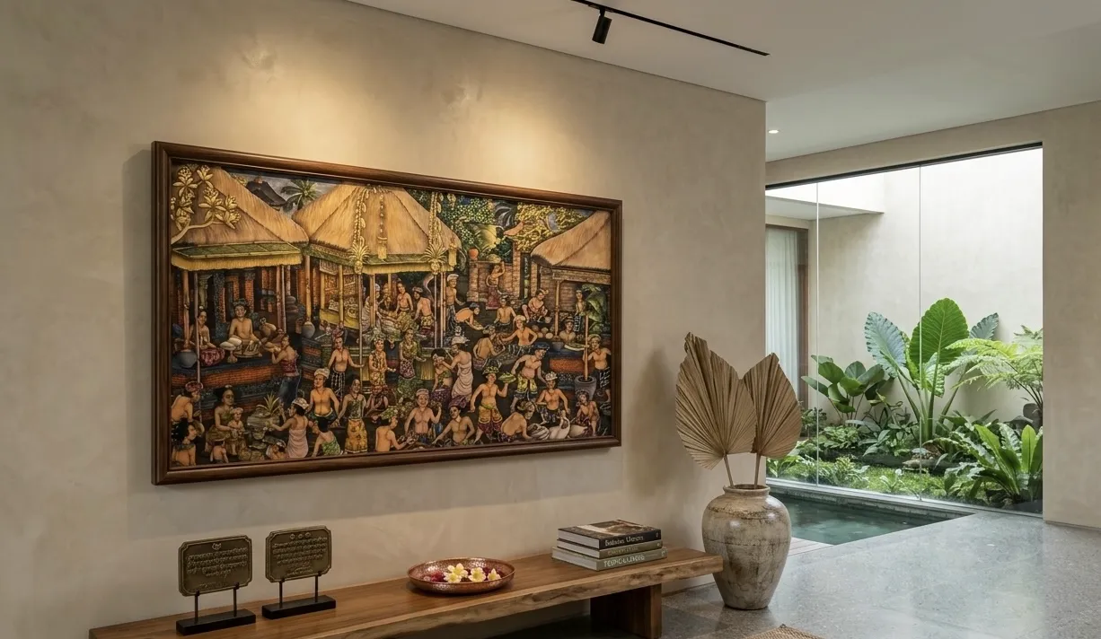 ubud style painting bali displayed modern villa interior living room wall art decoration arts of bali