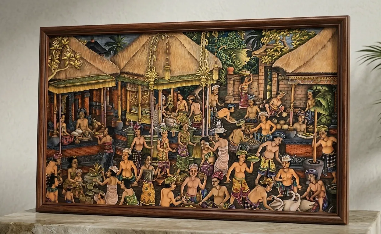 ubud style painting bali village ceremony scene original traditional balinese art arts of bali