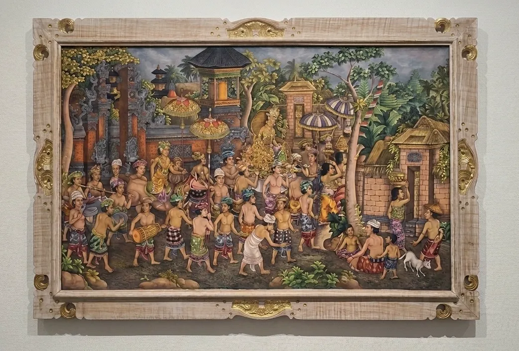 ubud style painting royal procession bali ceremony original traditional balinese art for sale
