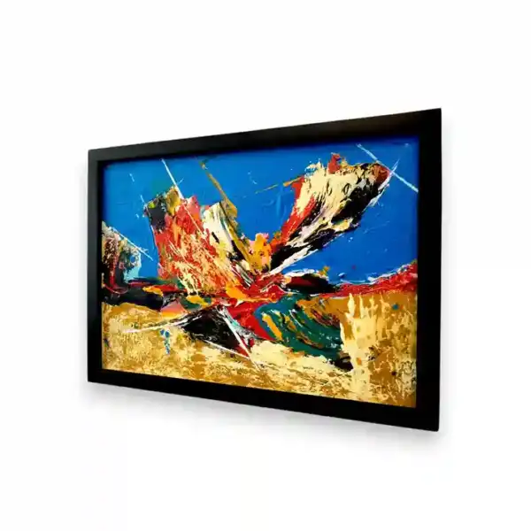 Vibrant Splash Abstract Painting — angled view of original abstract blue and teal splash painting, Arts of Bali gallery