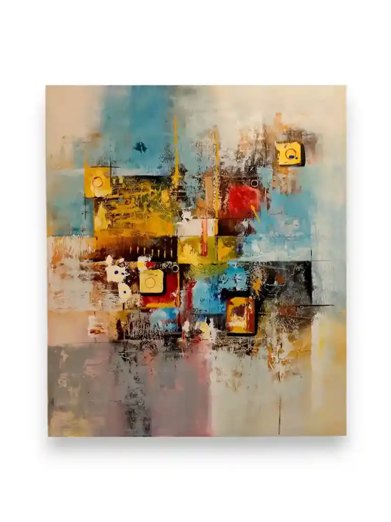 Contemporary Neutral Motion — angled view of original abstract painting in blue neutral tones, Arts of Bali gallery Seminyak