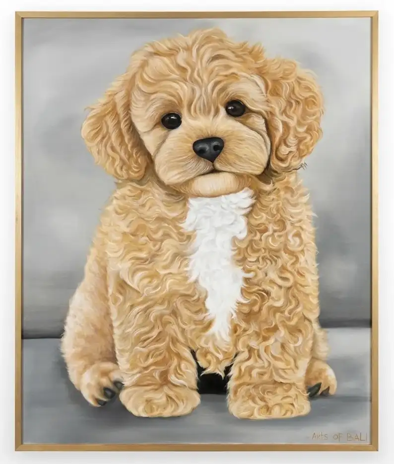 Wildlife painting Bali showing a hyperrealist Labradoodle puppy portrait with detailed curly fur in oil on canvas, gold frame, signed Arts of Bali — original artwork by Alzen at Arts of Bali gallery Jl. Raya Seminyak No.42