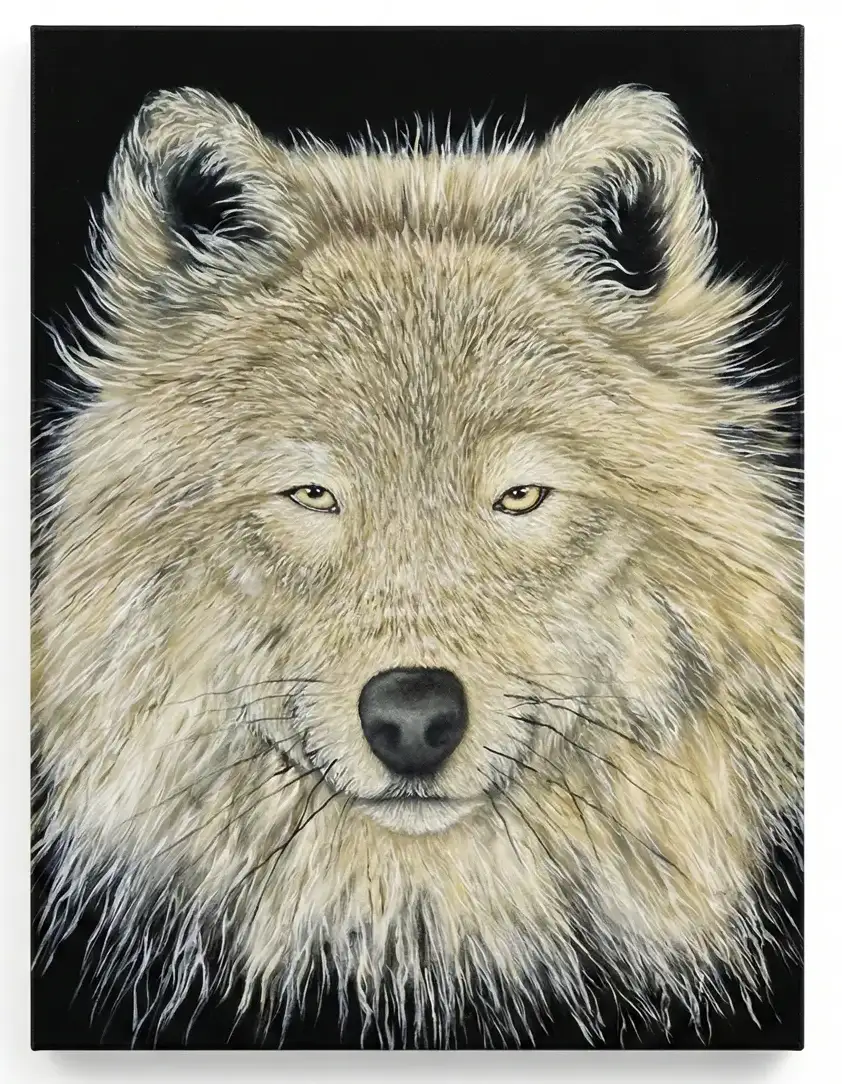 Wildlife painting Bali showing a hyperrealist white wolf portrait on black background rendered with precise fur detail and amber eyes in oil on canvas — original artwork by Alzen at Arts of Bali gallery Seminyak
