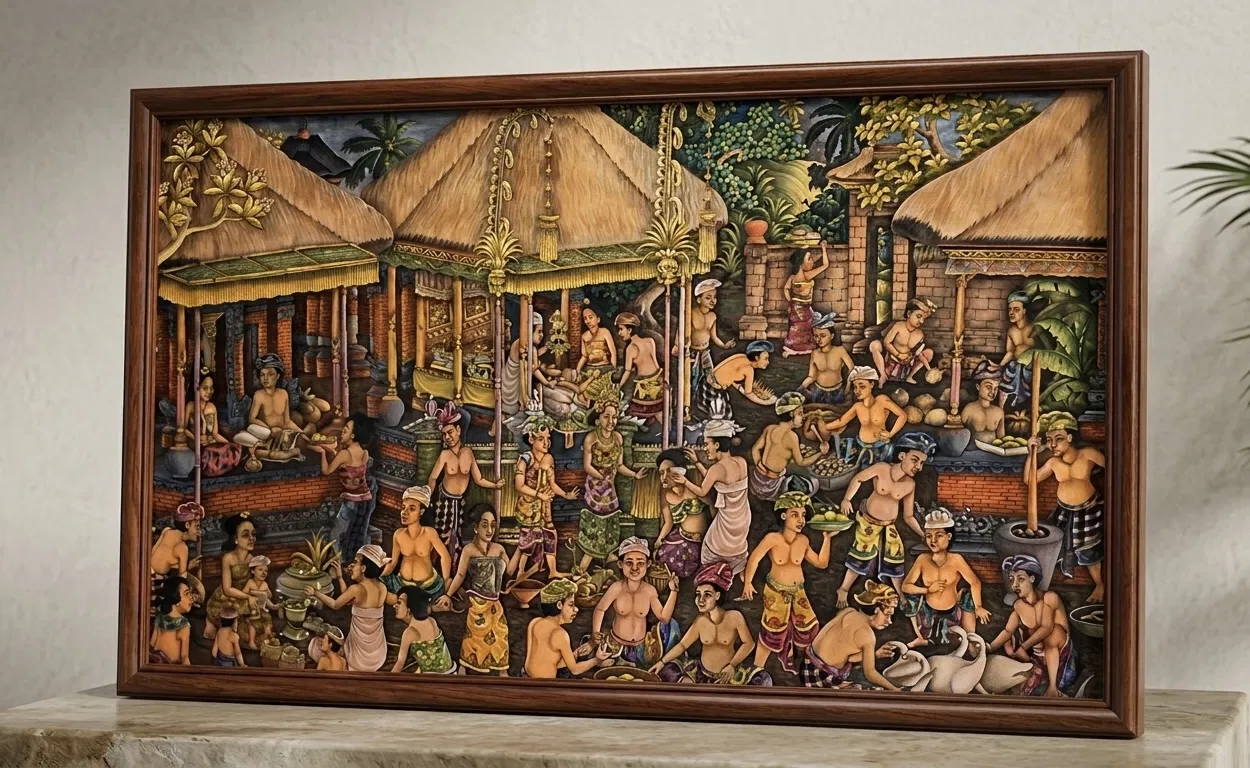 Authentic traditional Balinese mythology painting with dense intricate composition in classical wooden frame
