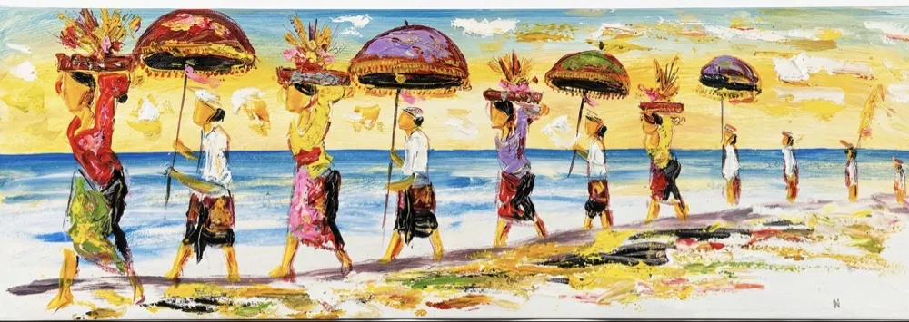 Melasti Ceremony Beach Procession — Panoramic Palette Knife Painting Bali temple ceremony painting: Panoramic palette knife art of a Melasti beach procession with colourful tedung umbrellas