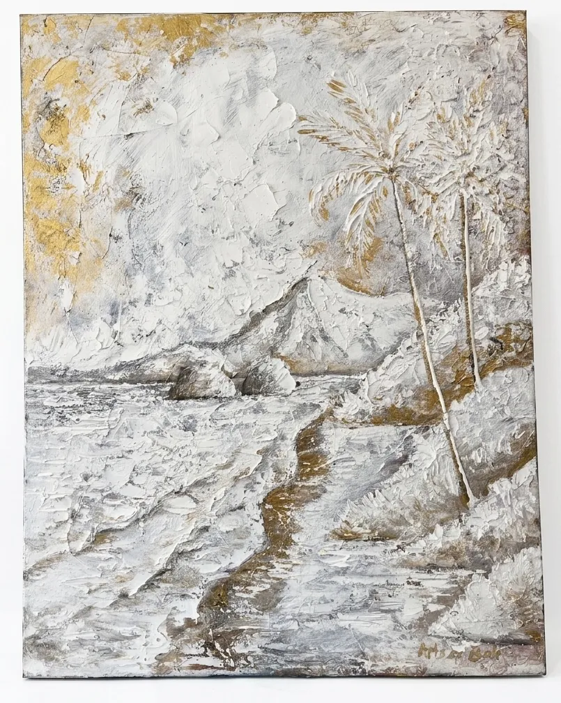 Bali painting price — palette knife coastal scene in white and gold by Arts of Bali, representing gallery-exclusive fine art style not found in markets