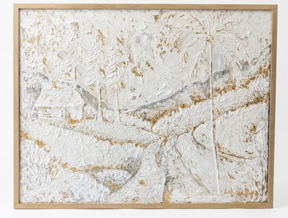 Bali painting price — white and gold palette knife landscape at Arts of Bali Seminyak, showing gallery-quality original oil on canvas