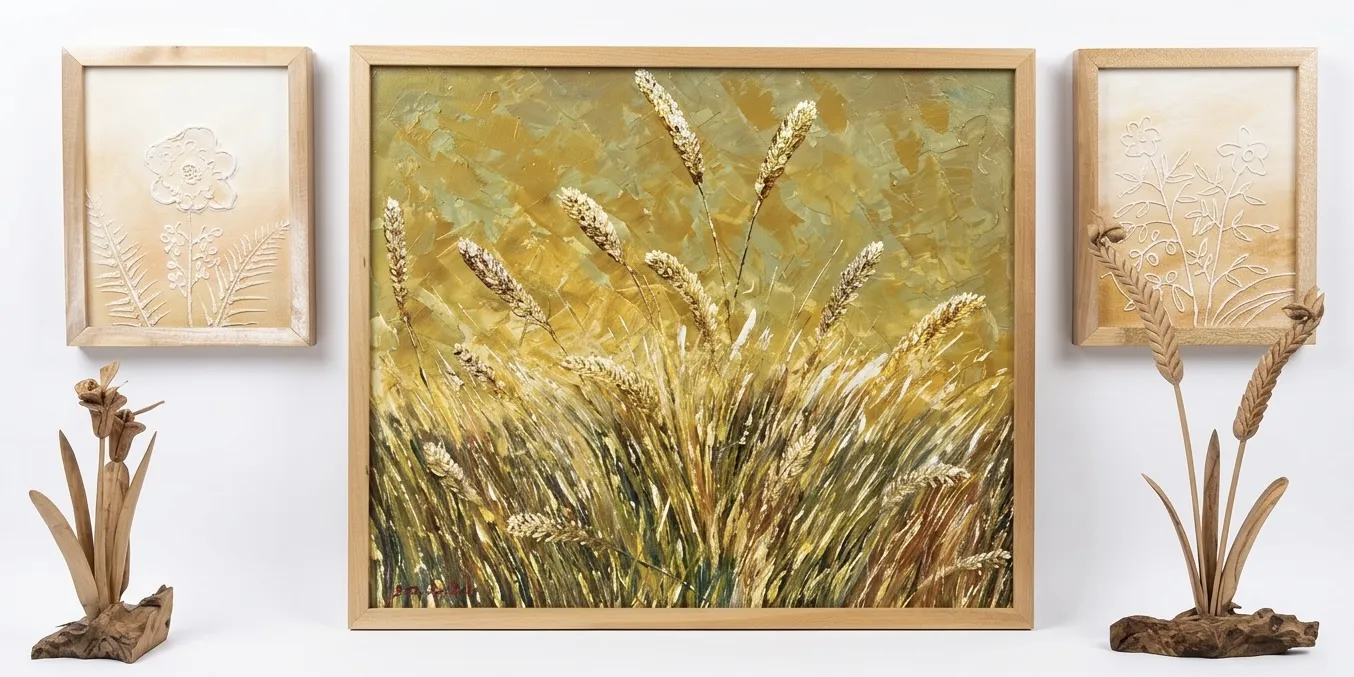 Bali painting price — three mediums displayed at Arts of Bali: palette knife oil painting, sand relief art, and wood sculpture