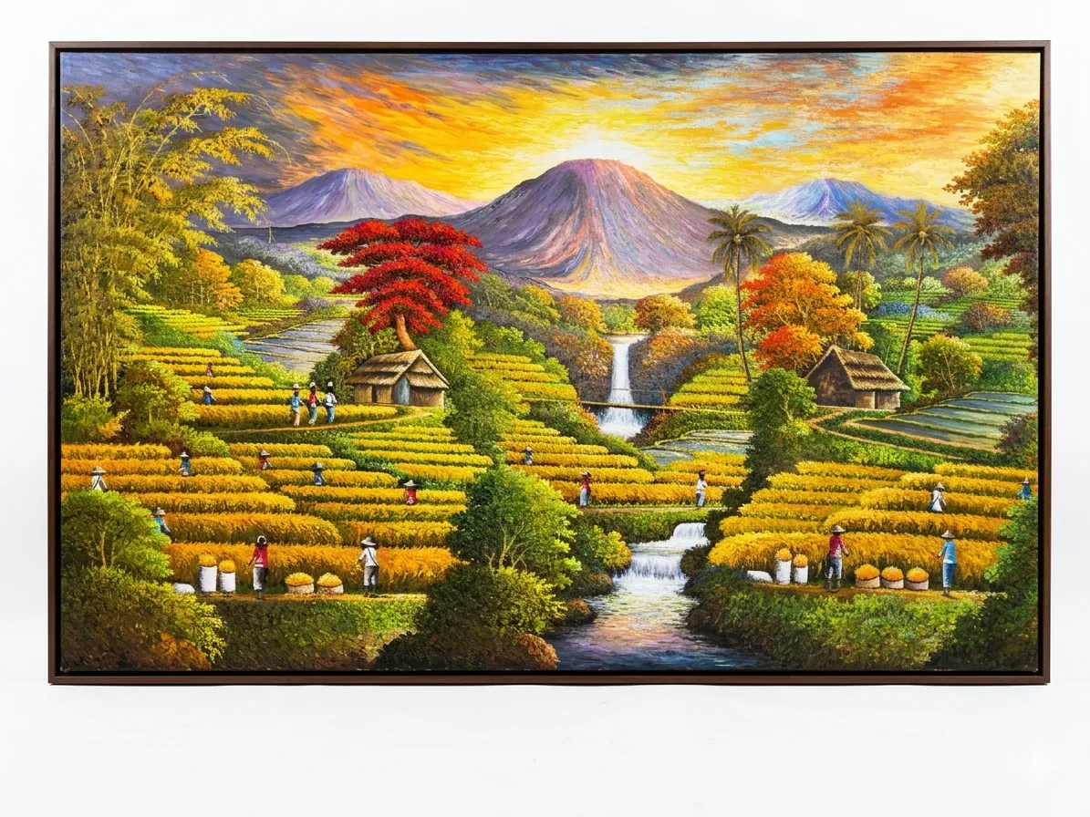 Bali rice harvest painting showing a hyper realistic landscape with traditional farmers terraced fields and Mount Agung in the background original artwork Arts of Bali Seminyak