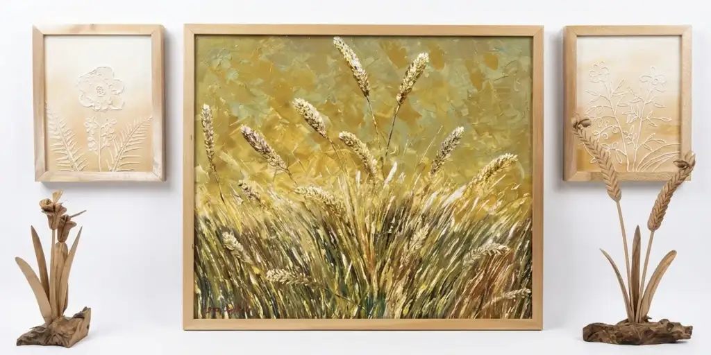 A three piece textured Bali rice harvest painting set in wooden frames featuring golden wheat and white floral reliefs at Arts of Bali Seminyak