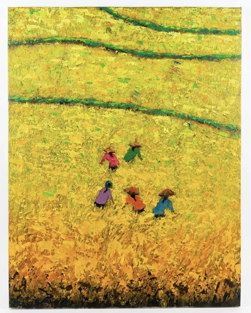 Bali rice harvest painting showing traditional farmers with caping hats in a golden field palette knife technique Arts of Bali gallery Seminyak