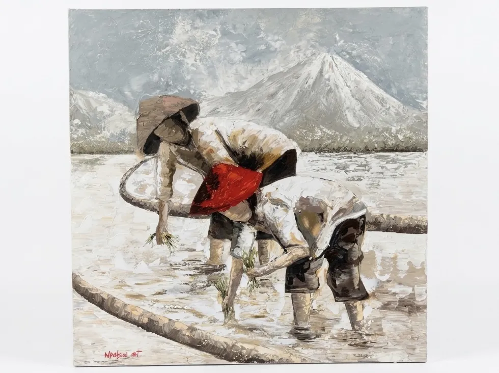 Close up detail of a textured Bali rice planting painting showing farmers bending down in white and grey tones Arts of Bali Seminyak