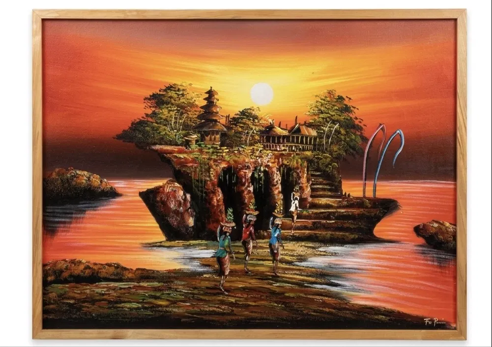 Bali Coastal Temple at Sunset With Women Carrying Offerings — Oil Painting Oil painting of a Balinese coastal temple on a rock formation at vivid sunset, with Balinese women carrying banten offerings walking along the shoreline in the foreground