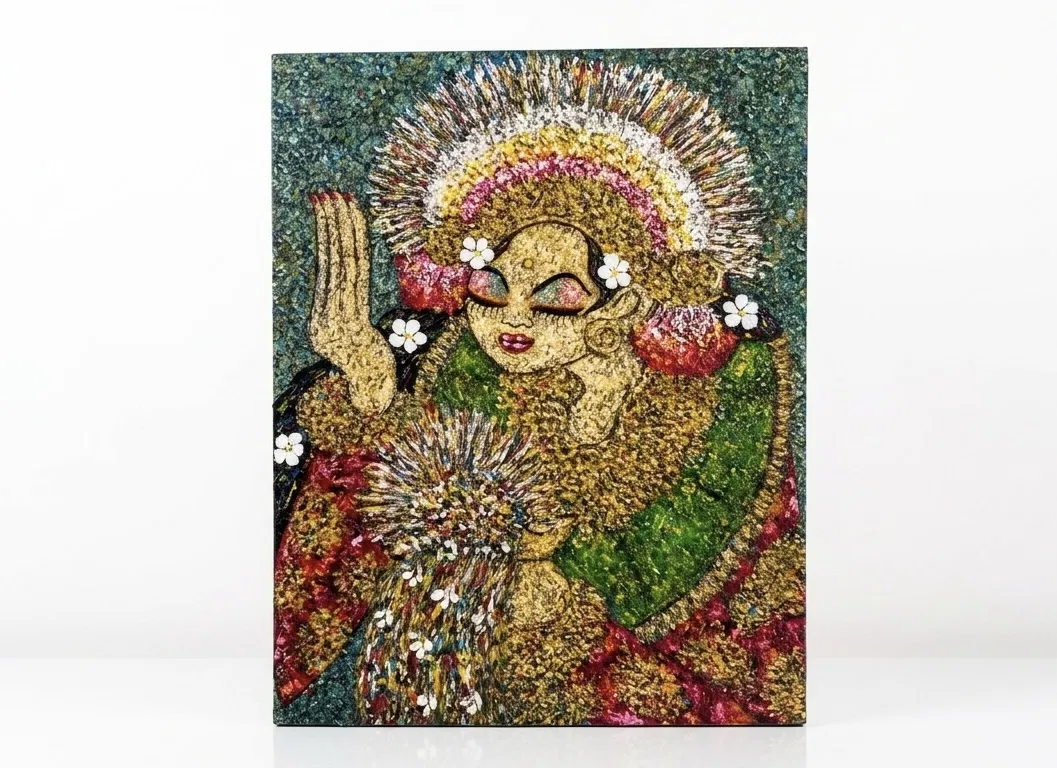 Balinese art styles — dancer painting showing Balinese dancer in traditional costume with golden headdress and elaborate kain prada fabric, figurative oil painting