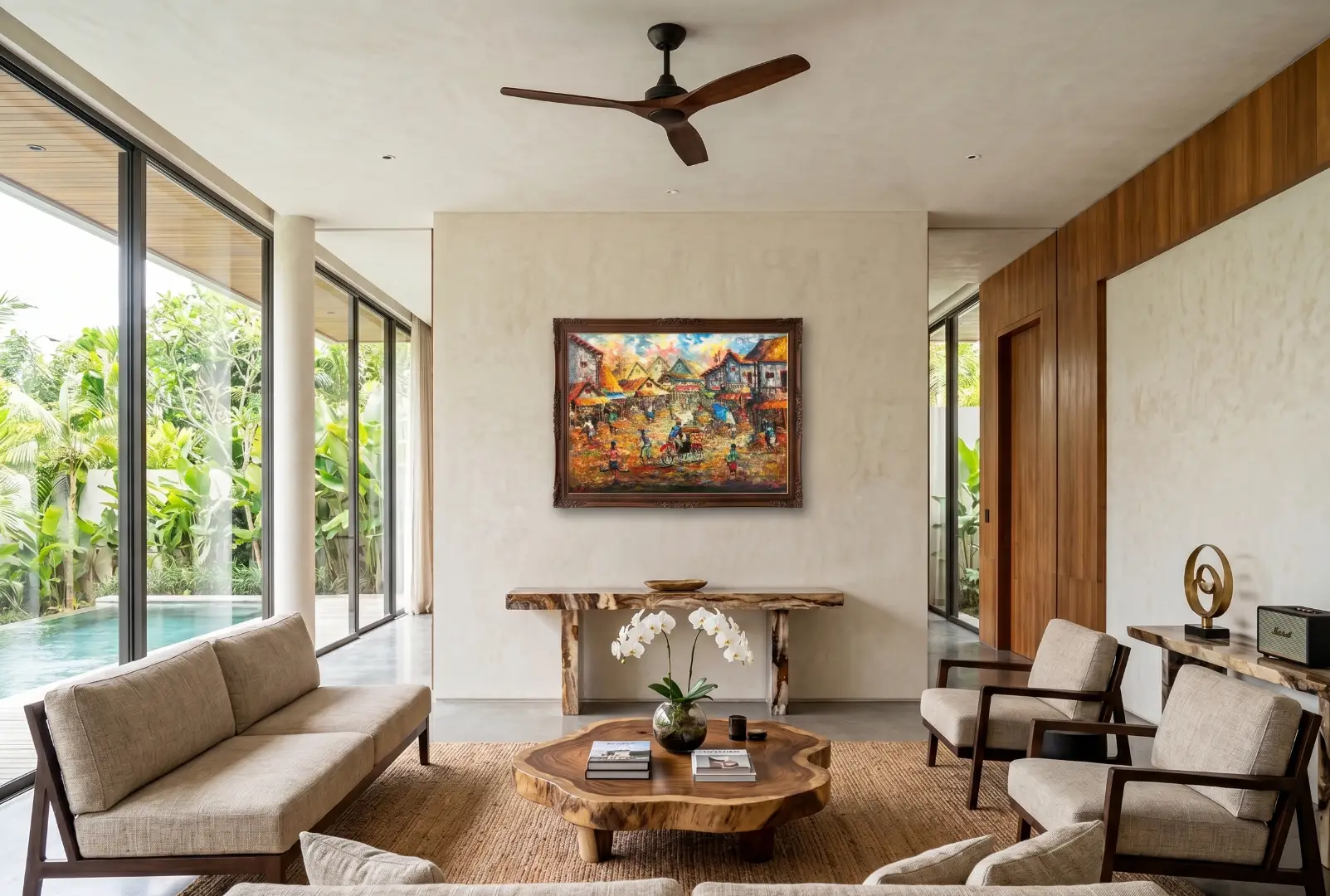Balinese canvas care guide: A luxury tropical villa living room displaying a large framed palette knife painting far from direct sunlight