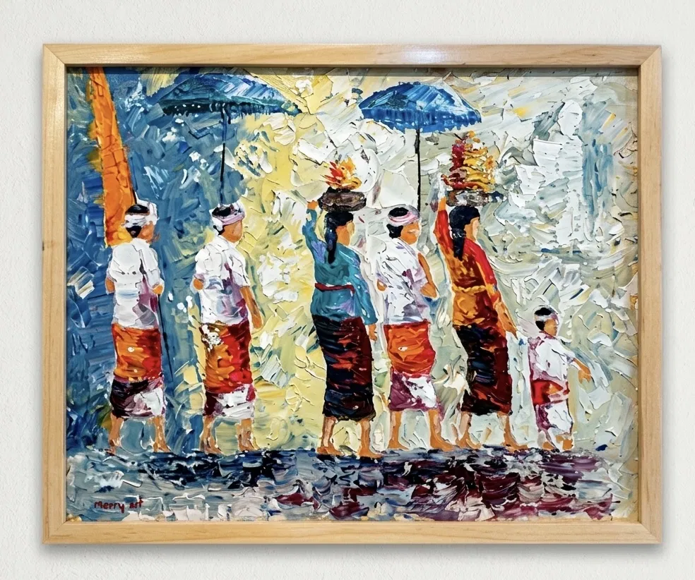 Balinese Ceremony Procession With Blue Tedung Umbrellas — Impasto Palette Knife Heavy palette knife painting of Balinese women in ceremonial attire carrying banten offerings, with two blue tedung umbrellas dominating the composition in vibrant blues, reds, and orange