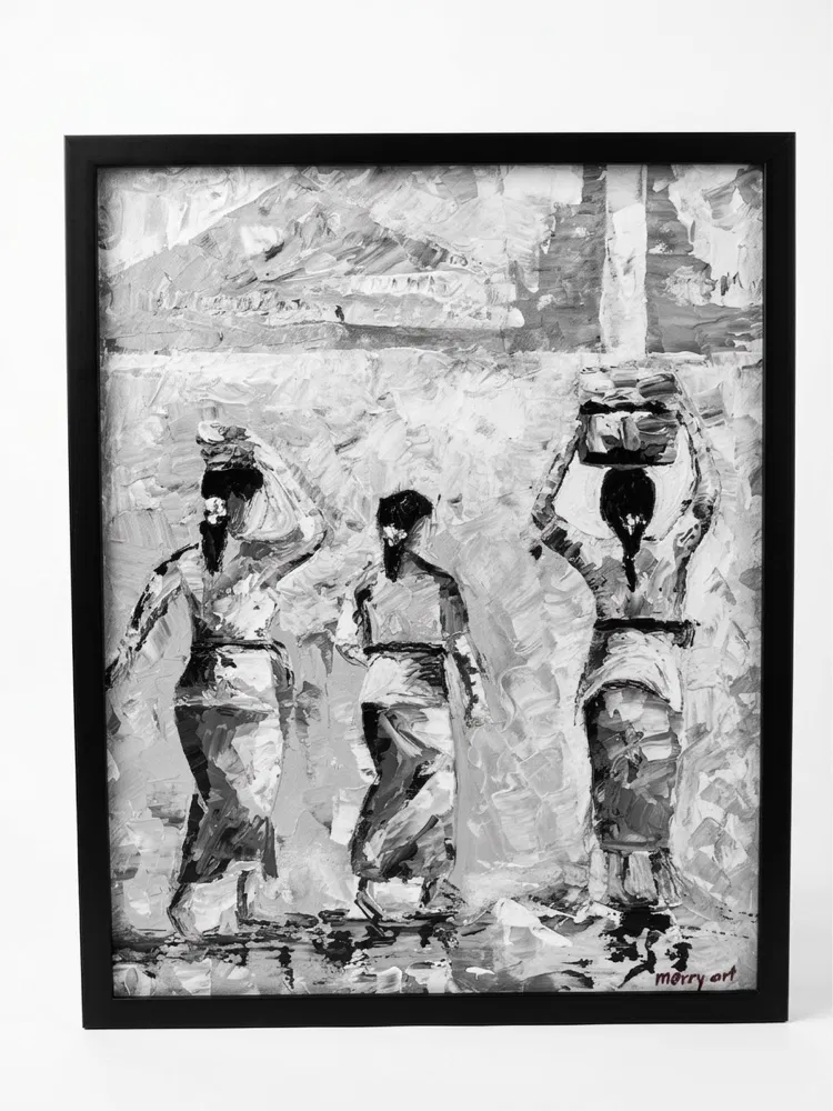 Monochrome Balinese Ceremony — Black and White Palette Knife Painting Monochromatic black and white palette knife painting of three Balinese women in traditional attire walking in procession, one with an offering balanced on her head