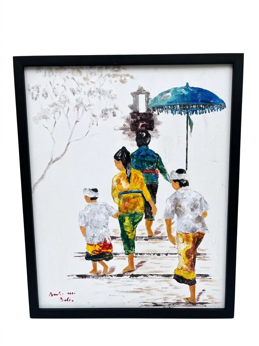 Balinese Family Walking to Temple in Traditional Attire — Ceremonial Procession Painting Painting of a Balinese family in traditional praying attire walking together in procession, with a blue ceremonial tedung umbrella and a temple gate visible behind them