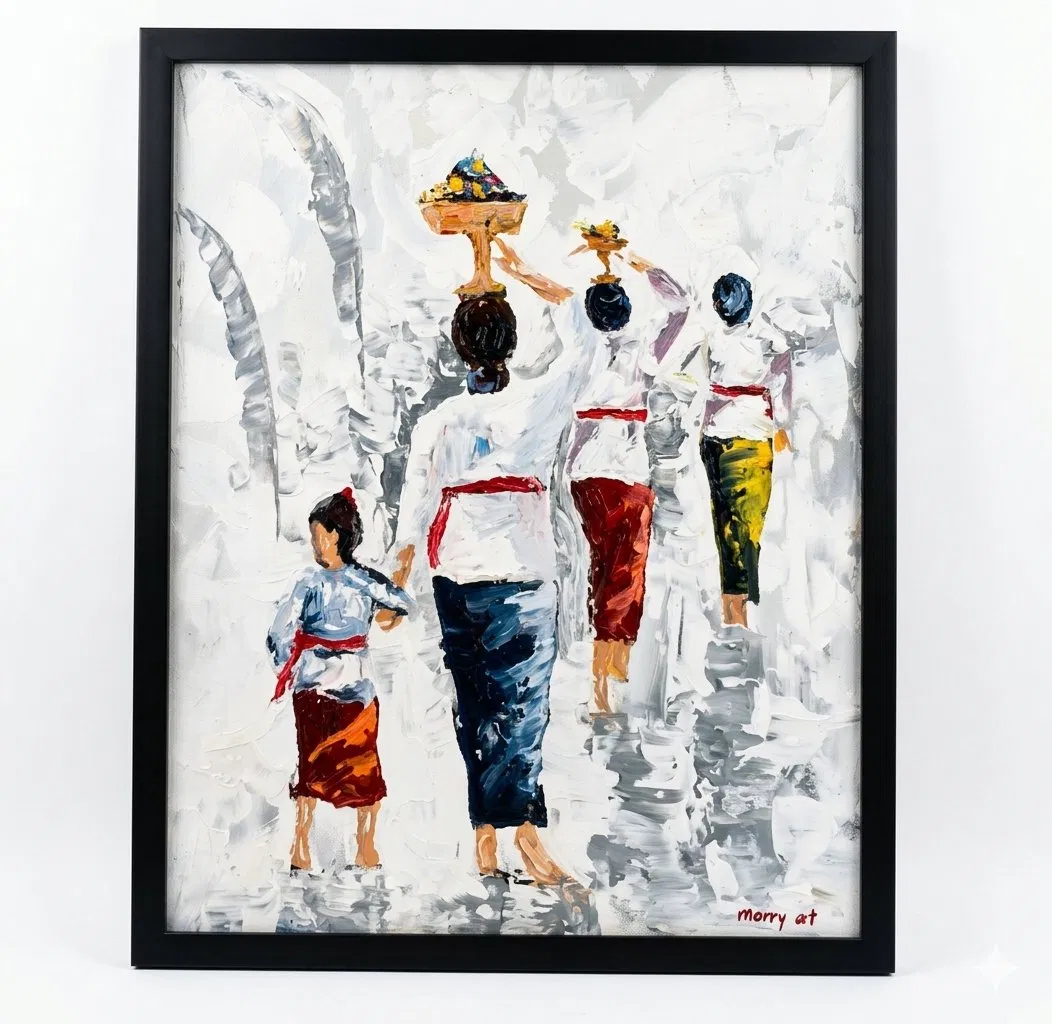 Balinese Mother and Daughter Walking to Ceremony — Banten Offering Palette Knife Painting Palette knife painting of a Balinese mother holding her young daughter's hand while walking in ceremony, with older women carrying colourful banten offerings in front, set against a bright white abstract background