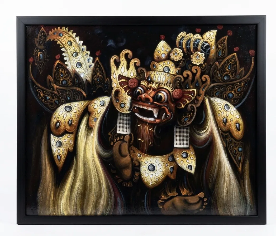 Balinese mythology painting — large Barong ceremonial lion in gold and brown oil on canvas, elaborate ornamental wings, detailed headdress, dark background, contemporary realistic style