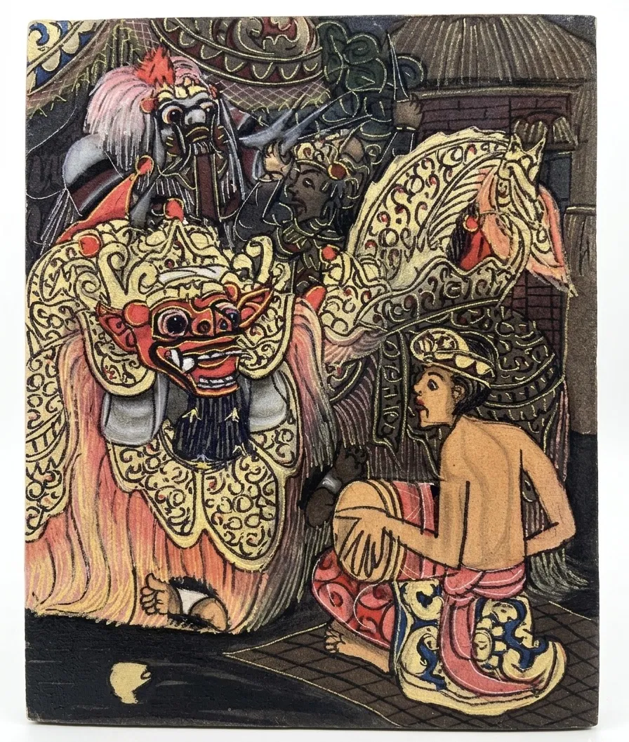 Balinese mythology painting — traditional narrative scene showing Barong with other masked figures and a kneeling male devotee, painted on dark wood board in classical ceremonial style