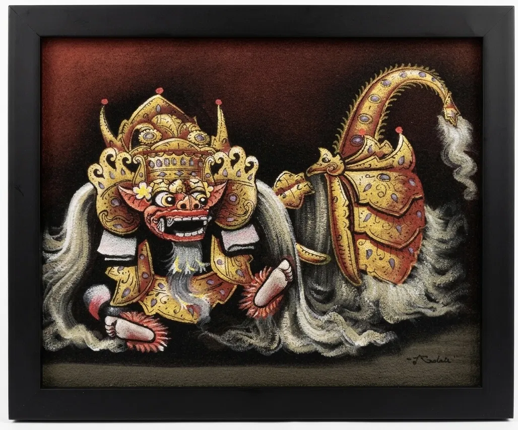 Balinese mythology painting — Barong full body sacred lion in gold and red on dark background showing complete costume including tail ornament and feet, signed Kadek, black frame