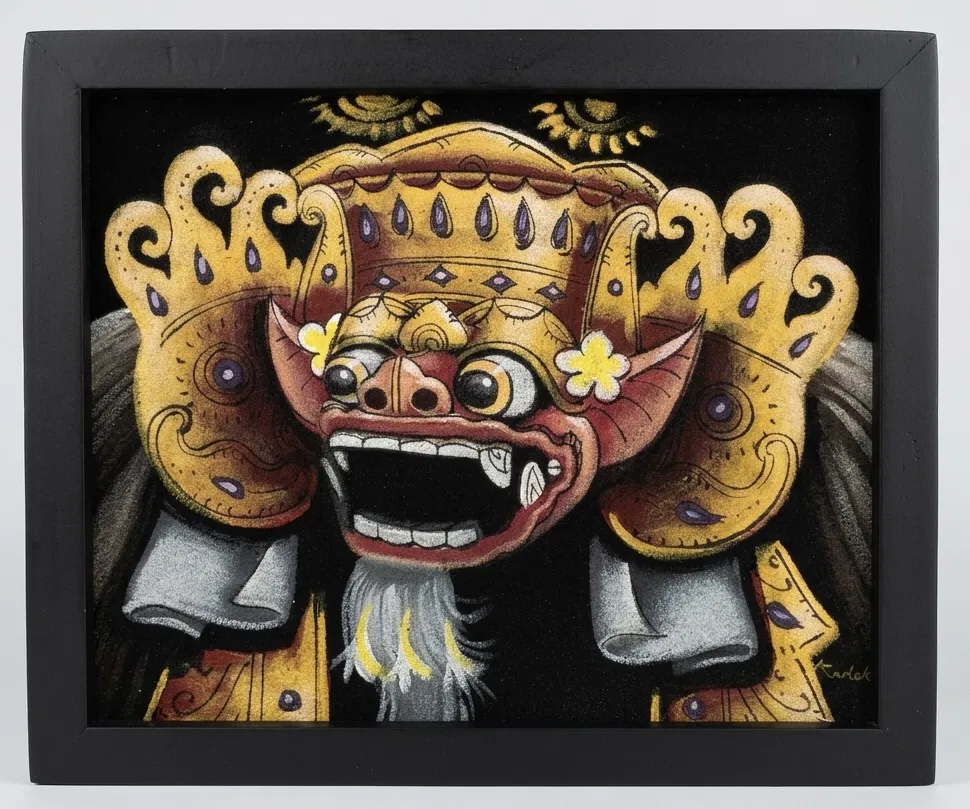 Balinese mythology painting Barong portrait — yellow gold ornamental headdress with frangipani flowers on black background, signed Kadek, small format black frame, contemporary style
