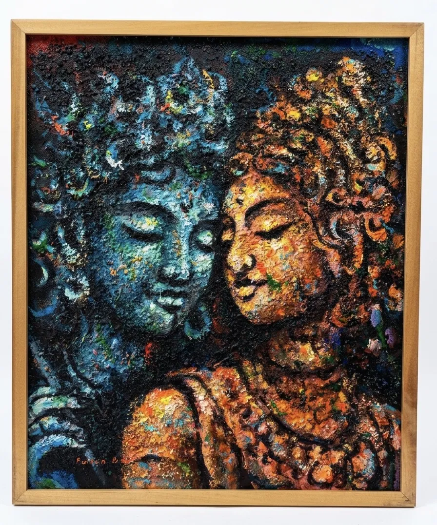 Balinese mythology painting — Farfan sand texture mixed media showing two divine Balinese deity faces in blue and gold tones, textured raised surface, contemporary interpretation of Hindu sacred figures