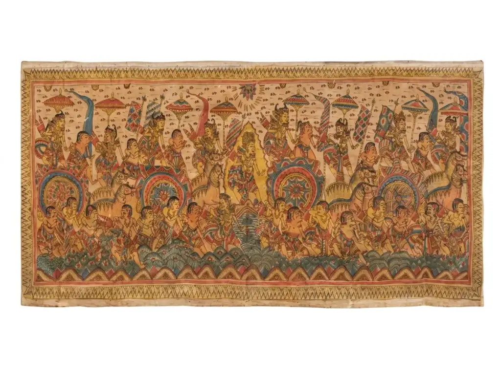 Balinese mythology painting — Kamasan classical style large cloth painting showing Mahabharata epic battle with warriors on horseback, royal ceremonial umbrellas and chariot wheels, ornate dark gold frame