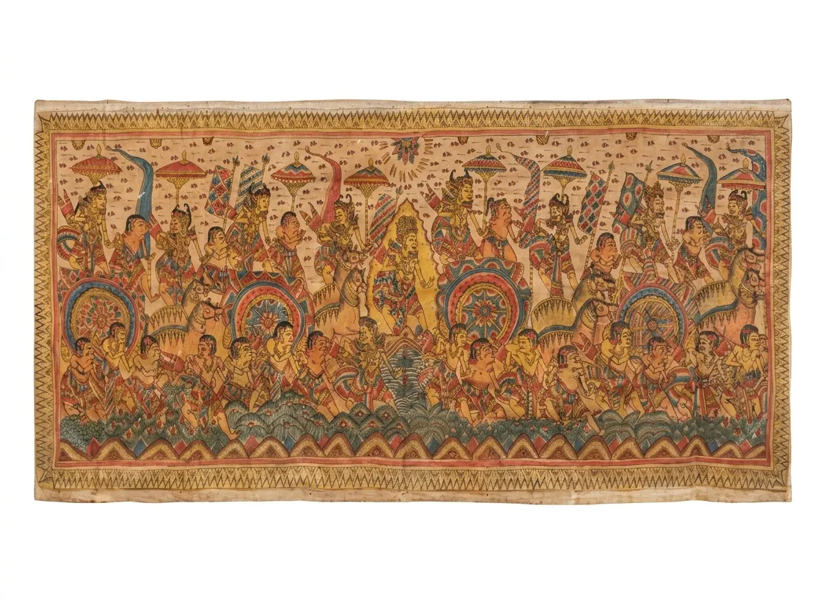 Balinese mythology painting — Kamasan classical style large cloth painting showing Mahabharata epic battle with warriors on horseback, royal ceremonial umbrellas and chariot wheels, ornate dark gold frame