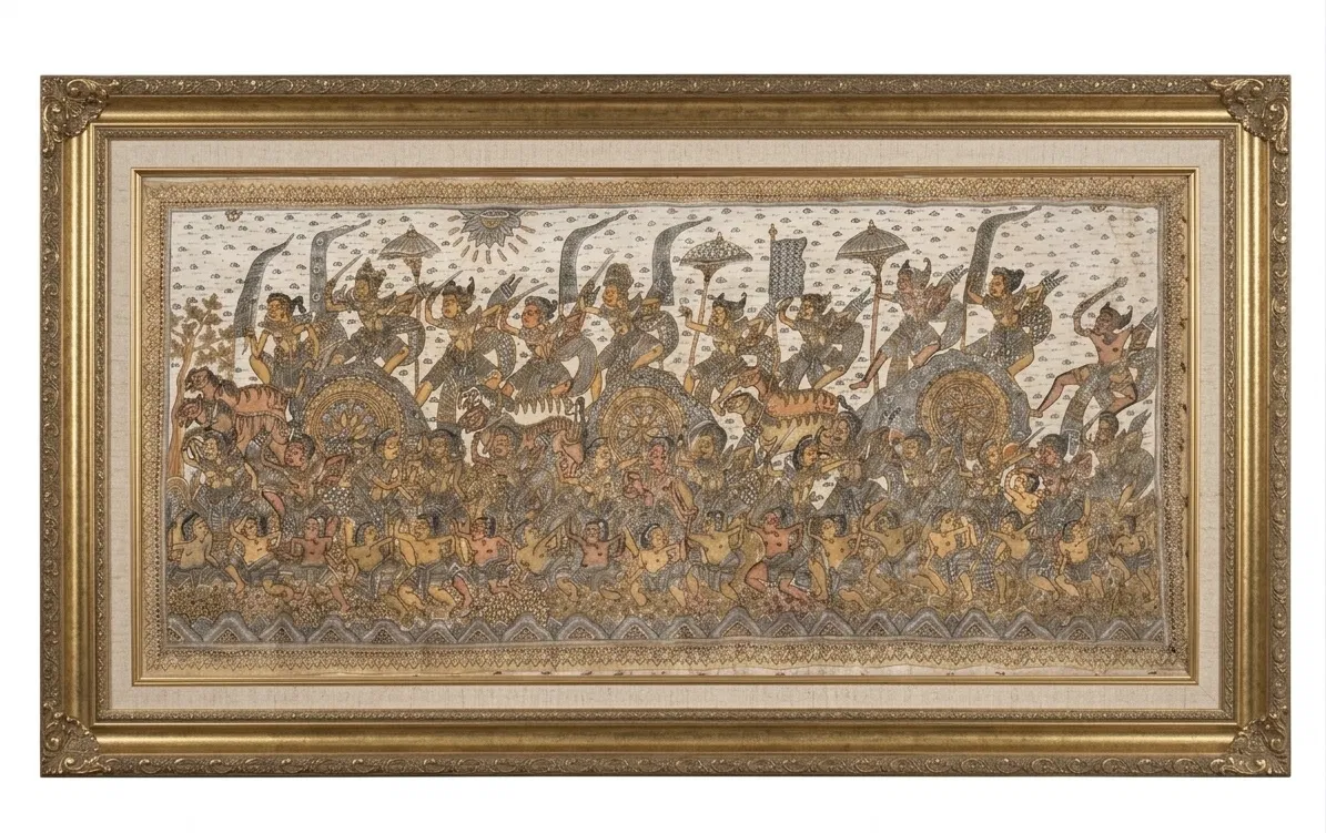 Balinese mythology painting — Kamasan classical cloth painting in gold ornate frame showing Ramayana or Mahabharata battle warriors on horseback with royal umbrellas and chariot wheels