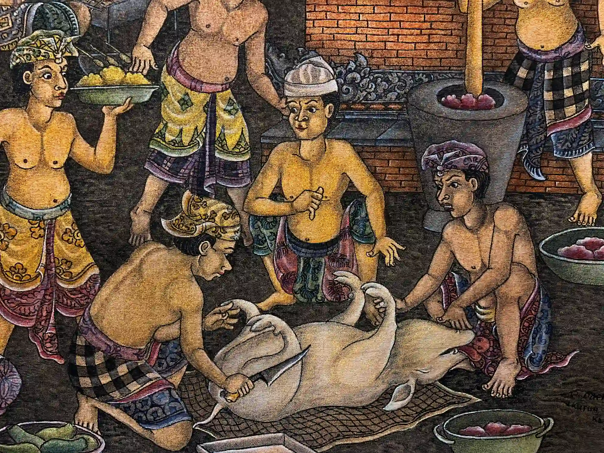 Close-up detail of the Ubud classic painting depicting several Balinese men in traditional batik kamen preparing a ceremonial pig and carrying fruit offerings on trays, with stone cooking vessels and large ceramic bowls in a Panca Yadnya ceremony preparation scene