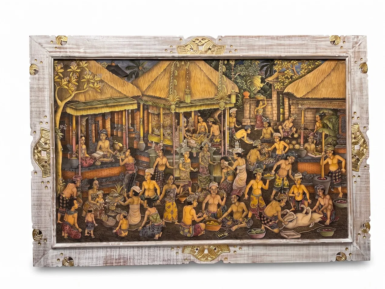 Large classic Ubud style Balinese village life painting measuring 85 x 135 centimetres depicting the Panca Yadnya ceremonies with dozens of figures in traditional ceremonial attire within a temple compound setting, housed in an ornate silver and gold carved wooden frame, on display at Arts of Bali gallery Jl. Raya Seminyak