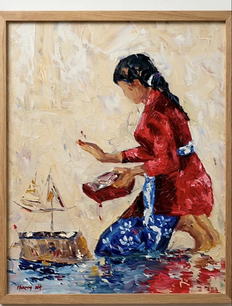 Balinese Woman Releasing Boat Offering on Water — Palette Knife Painting Palette knife oil painting of a Balinese woman in a red kebaya kneeling at the water's edge, carefully placing flower petals onto a small traditional boat-shaped offering with water reflections below