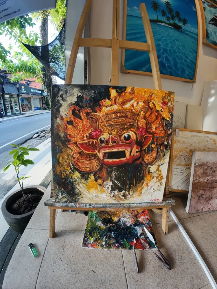 Barong impasto painting at Arts of Bali gallery Seminyak — palette knife oil on canvas showing traditional Balinese Barong mask in bold textures