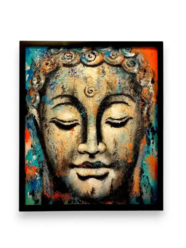 Serene Buddha Head Painting — full canvas view of original Balinese serene Buddha portrait, Arts of Bali gallery Seminyak